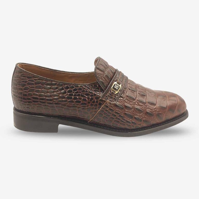 Side profile of Bishop Bit Loafer Shoes in walnut dark brown croc print leather.