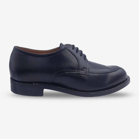 Side front view of Bishop Derby shoes in smooth black leather.