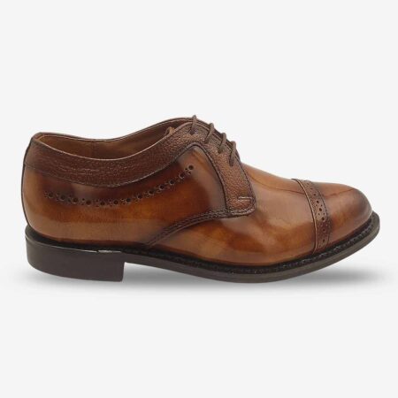 Side profile of Bishop Tan Brown Derby Shoes with cap toe and subtle brogue detailing.