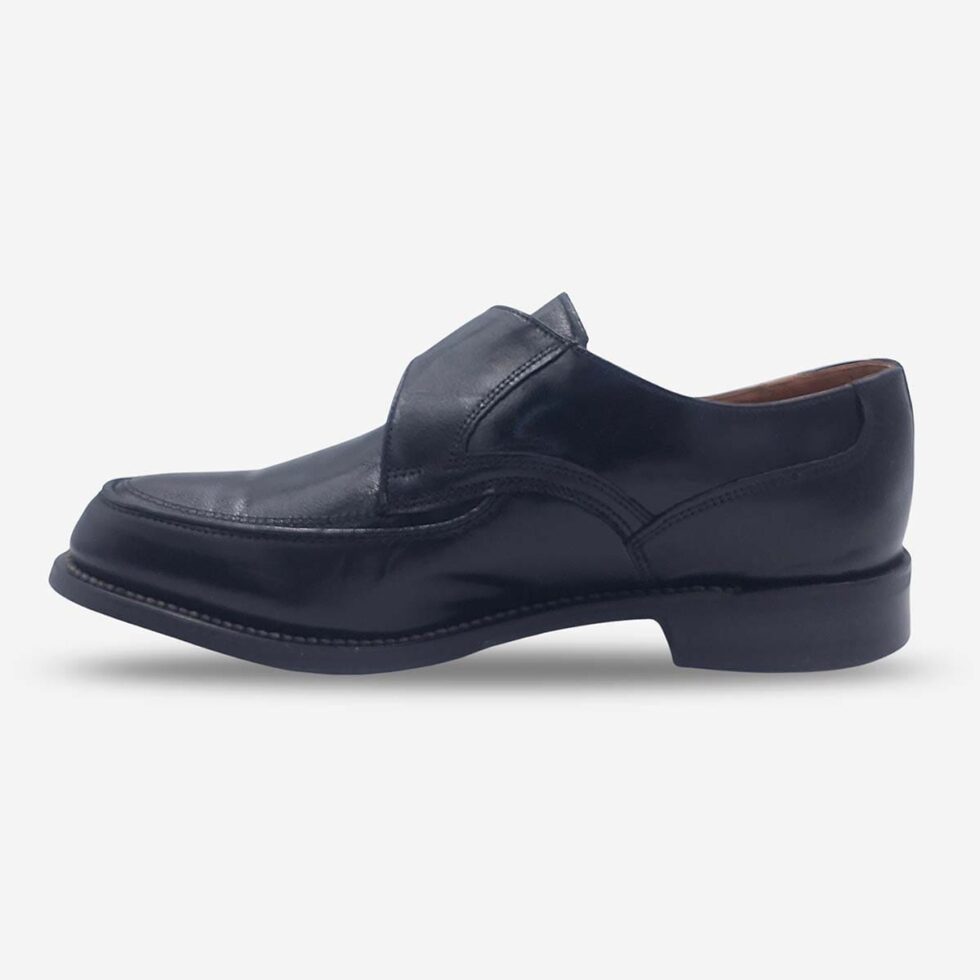 Inner side view of Bishop Monk Strap shoes in genuine textured black leather.