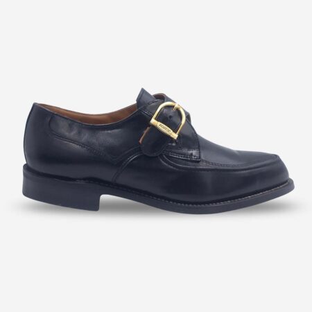Side front view of Bishop Monk Strap shoes in genuine textured black leather.