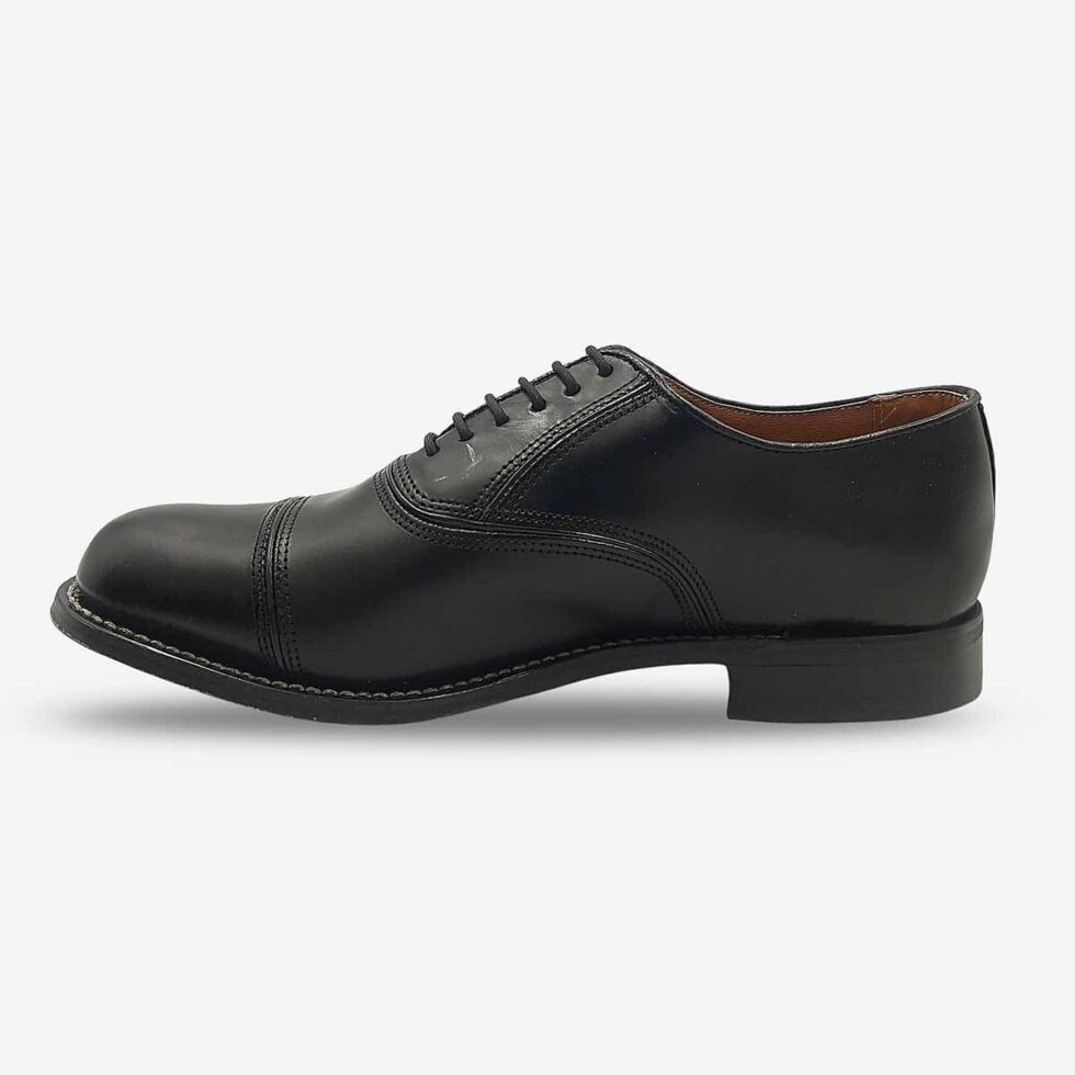 Inner side view of Bishop Oxford shoes in genuine smooth black leather with cap toe.