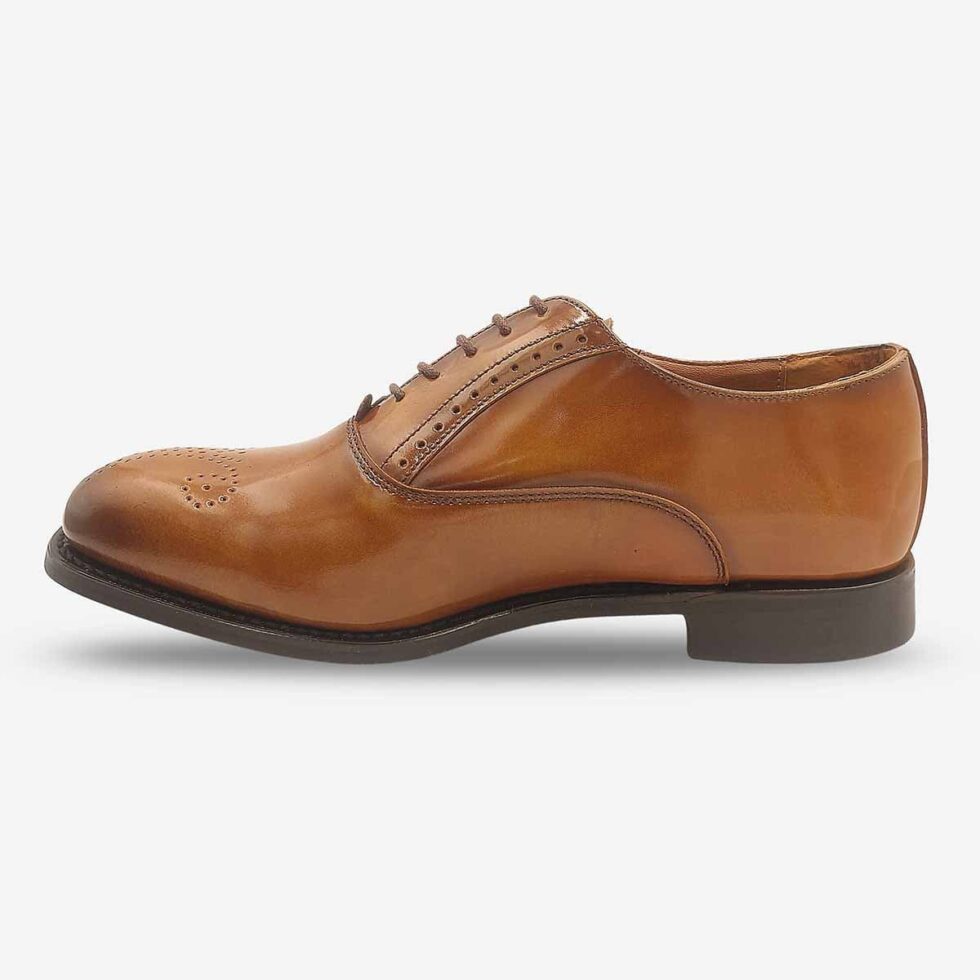 Inner side view of Bishop Tan Brown Oxford Shoes with toe medallion.