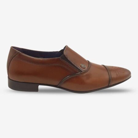 Side profile of Bishop Tan Brown Cap Toe Loafers with brogue-inspired detailing.