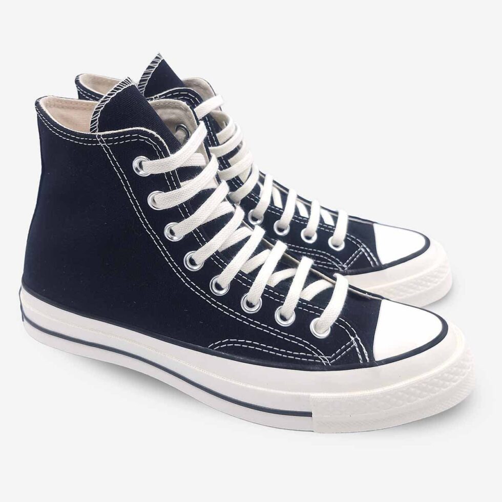 Angled pair of Converse Chuck 70 Black Boots showing sleek black canvas.