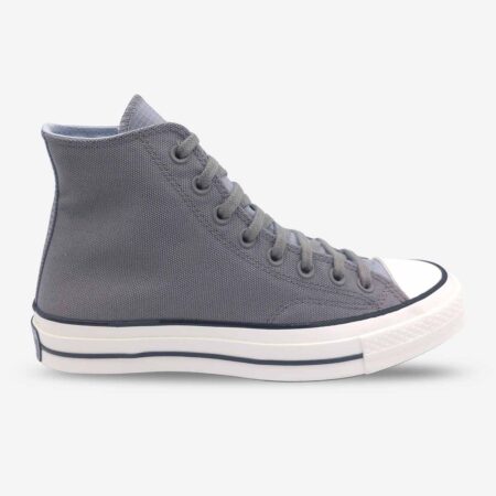 Side profile of Converse Chuck 70 high-tops in dark grey colour showing two-tone design.