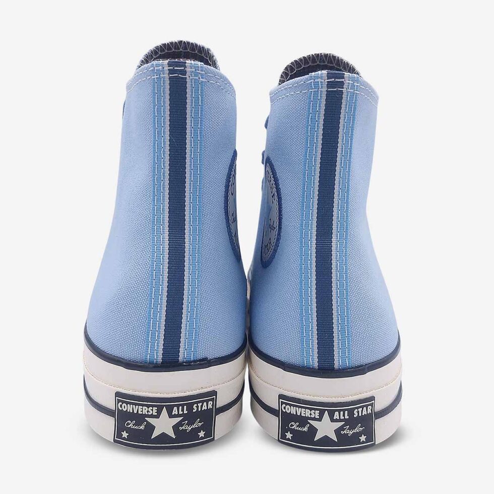 Rear view of Converse Chuck 70 high-tops in sky blue colour showing heel “license plate”.
