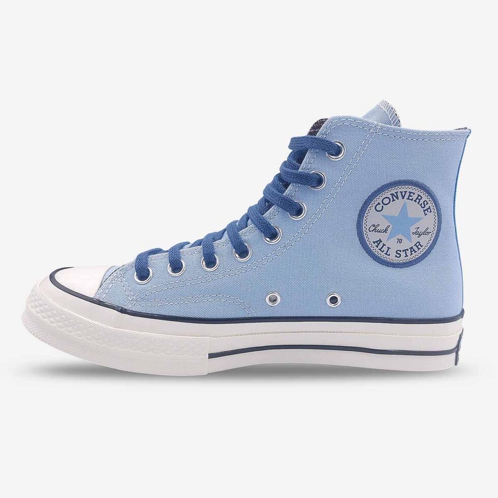 Inner side of Converse Chuck 70 high-tops in sky blue colour highlighting ankle patch.