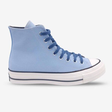 Side profile of Converse Chuck 70 high-tops in sky blue colour showing contrast laces.