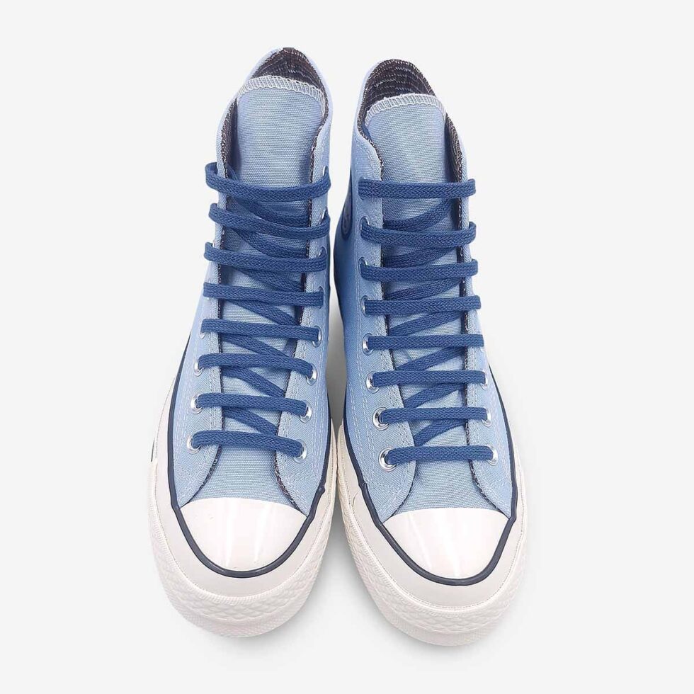Top view of Converse Chuck 70 high-tops in sky blue colour with contrast laces.