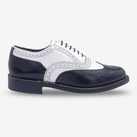 Side front view of Florsheim Cobbler Wingtip Shoes in black and white.