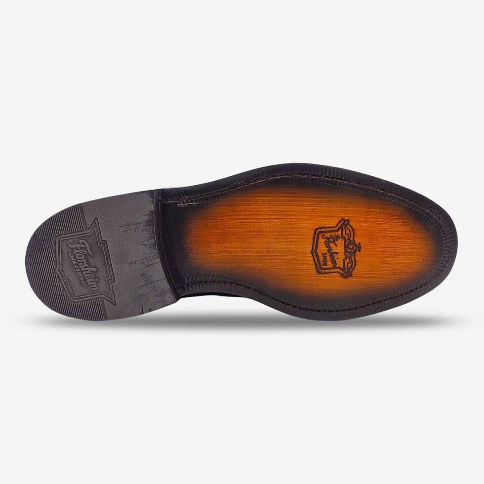 Sole view of Florsheim Cobbler Wingtip Shoes in burgundy.