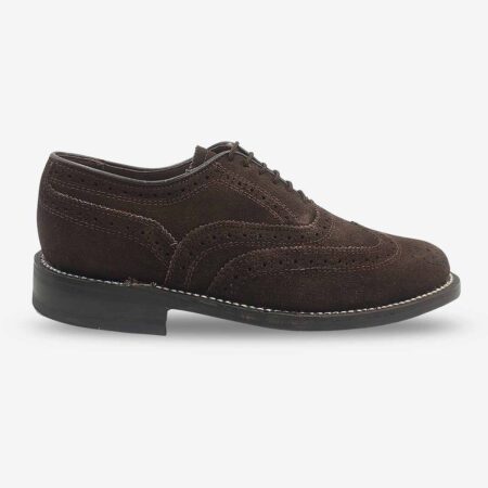 Side front view of Florsheim Suede Wingtip Shoes in dark brown.