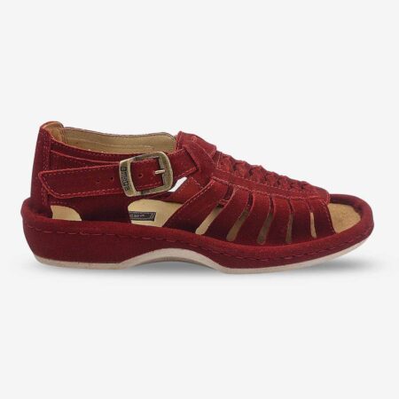 Side front view of Omega Kgosi Midrid Red Suede Sandal in deep red.