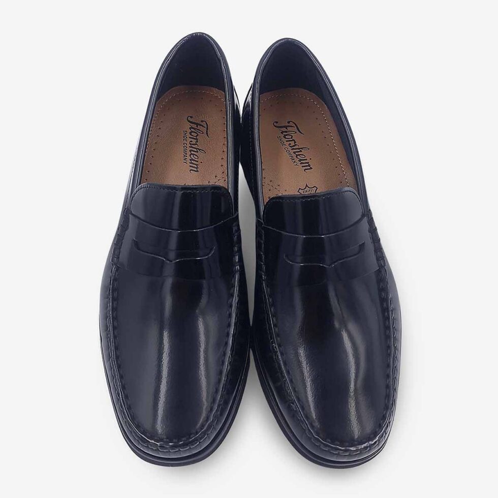 Top view of Florsheim Berkley Flex Black Moc Toe Penny Loafers.