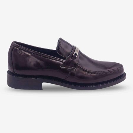 Side front view of Florsheim Gemini Burgundy Bit Loafers in burgundy.