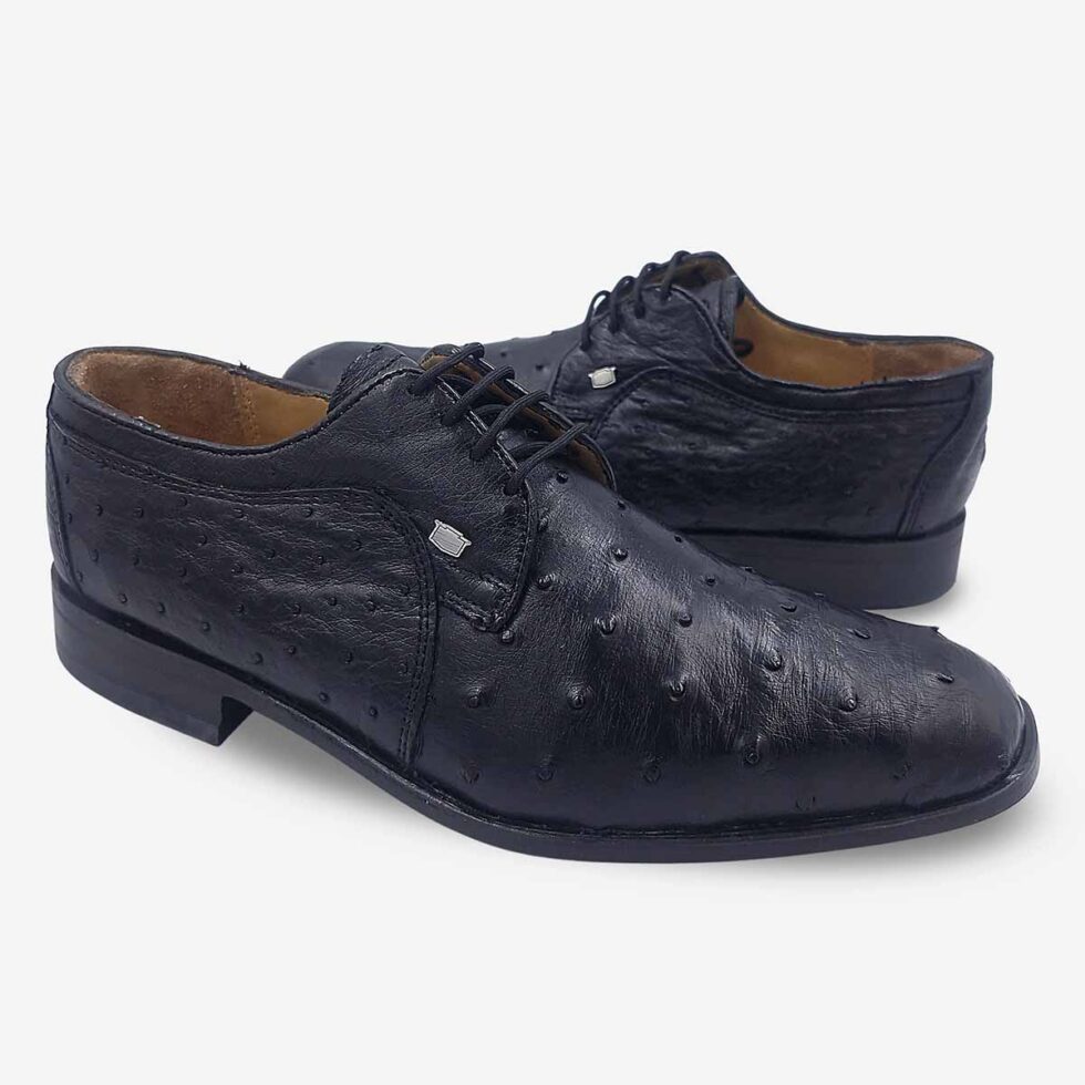 Mirrored pair of Florsheim Brandon Ostrich Black Shoes in black.