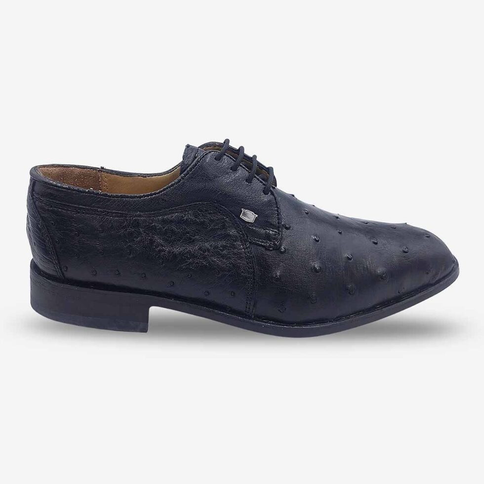 Side front view of Florsheim Brandon Ostrich Black Shoes in black.