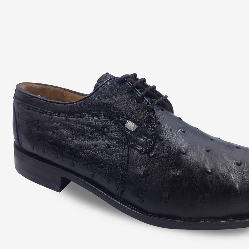 Close-up of Florsheim Brandon Ostrich Black Shoes in black.
