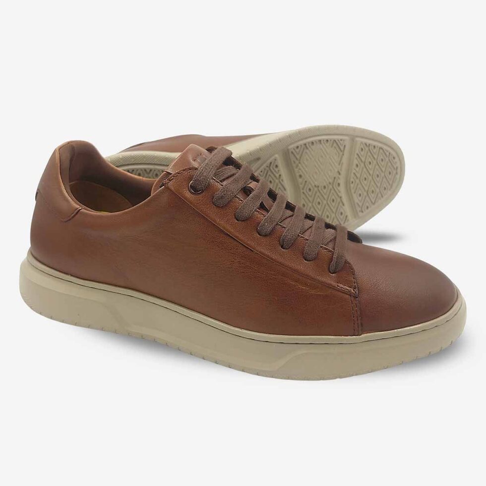 Angled view showing sole of Florsheim Premier Sneakers in Cognac Brown Colour.