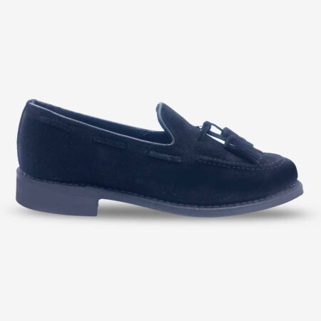 Side front view of Florsheim Tuscany Tassel Loafers in Black Suede.