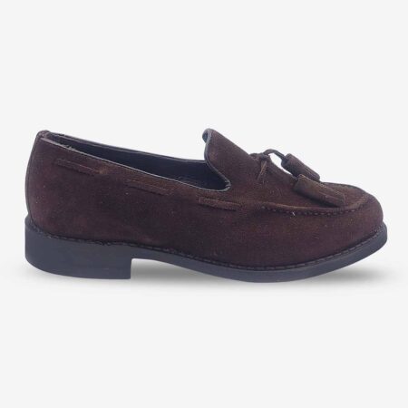 Side front view of Florsheim Tuscany Tassel Loafers in Chocolate Suede.