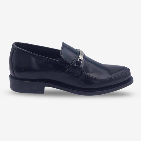 Side front view of Florsheim Yuma Bit Loafers in black.