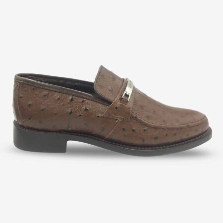 Side front view of Florsheim Yuma Trim Emu Brown Loafers in dark brown.