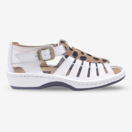 Omega Cheetah White Sandals side front view showing white upper and cheetah detail