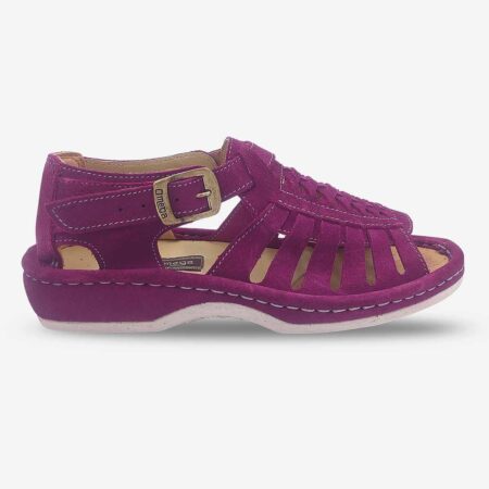 Side front angle of Omega Kgosi Midrid Cerise Purple Suede Sandal.