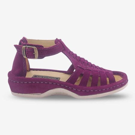 Side front angle of Omega Ladies Fassie Midrid Cerise Purple Suede Sandal.