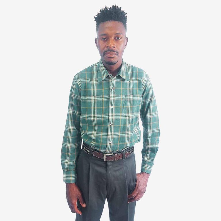 Front view of Monatic Viyella long sleeve shirt in soft green check pattern
