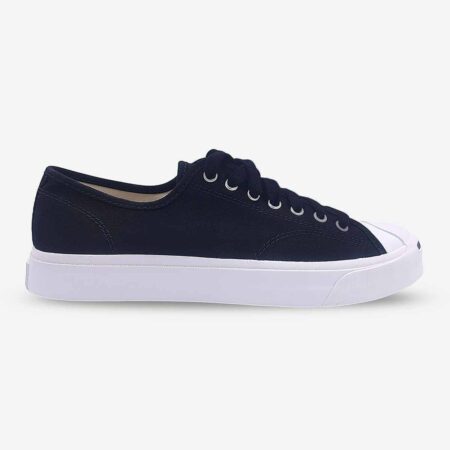 Side-front view of Jack Purcell black canvas low-top sneaker with lace-up closure