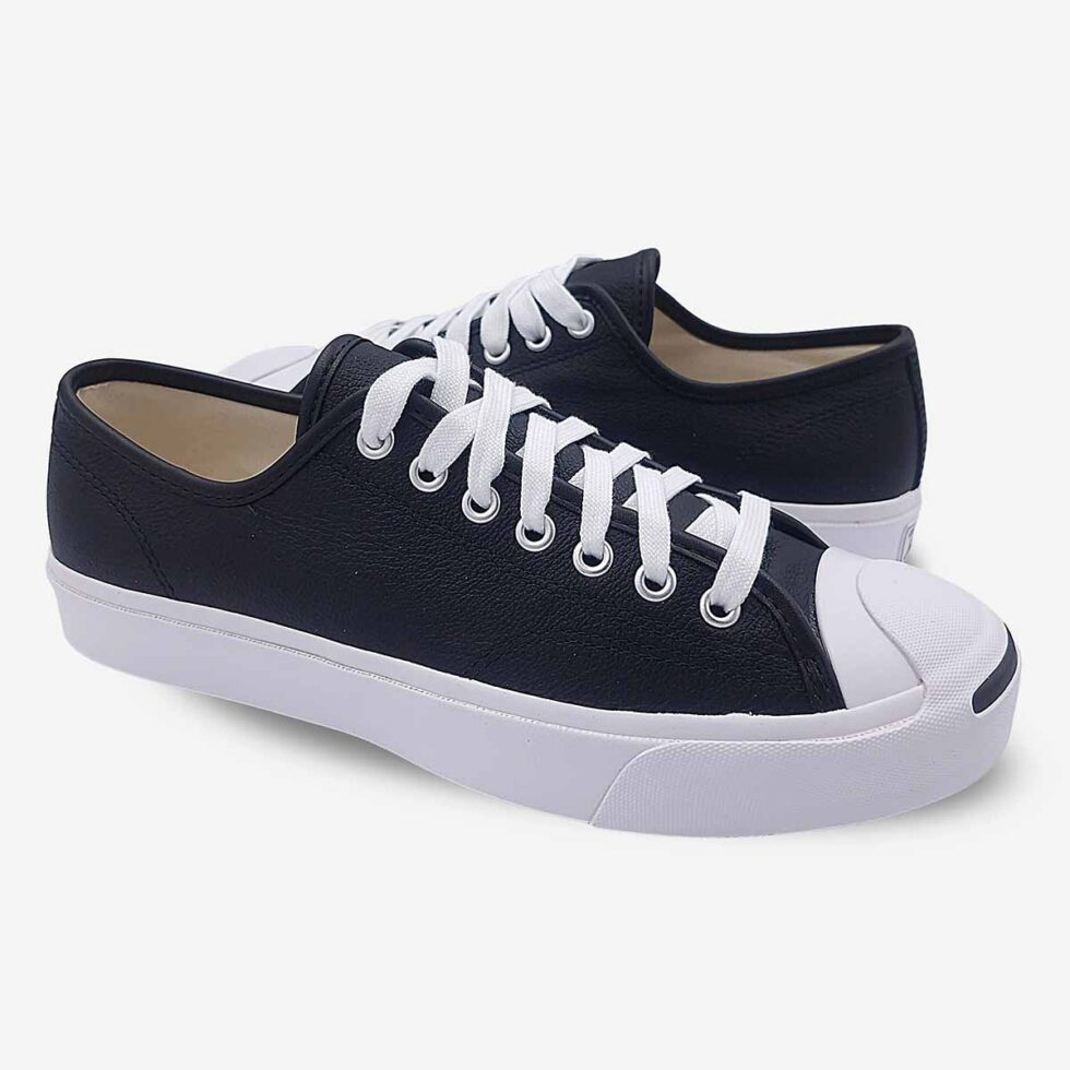 Mirrored pair of Jack Purcell low black leather sneakers in black colour