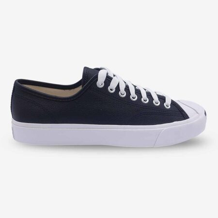 Side-front view of Jack Purcell low black leather sneaker showing lace-up front and black upper