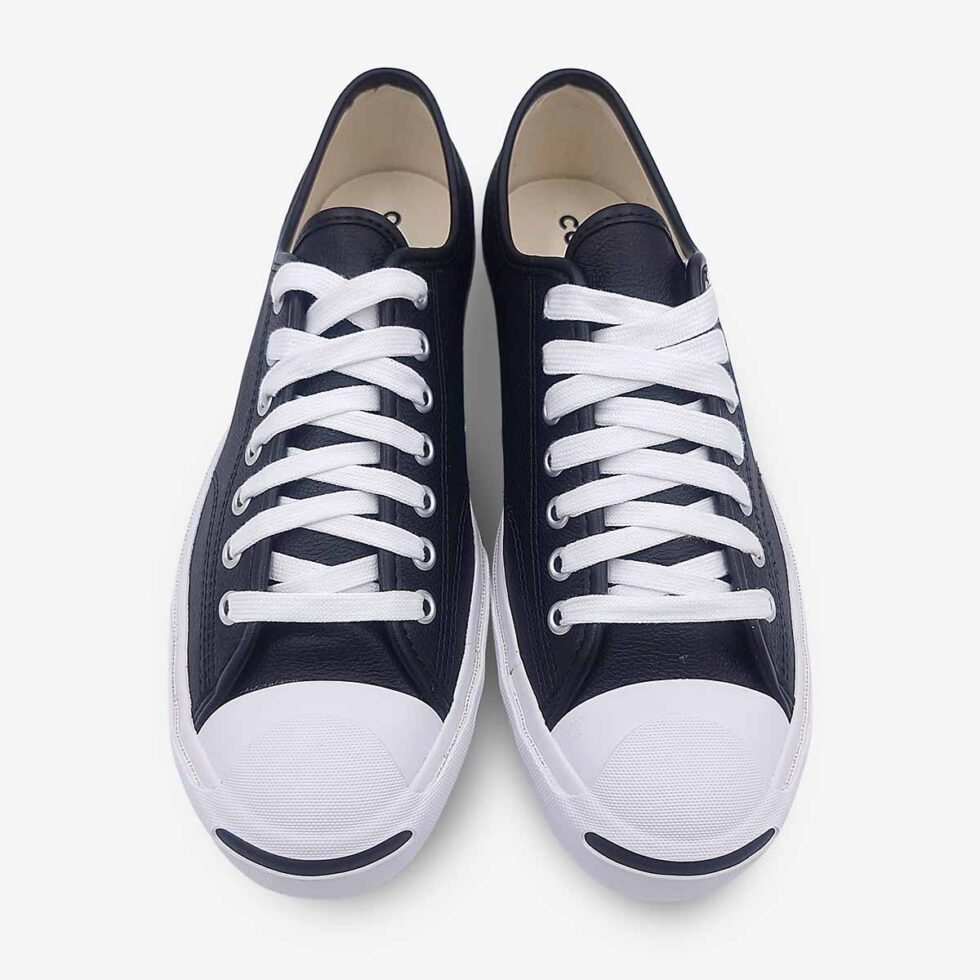 Top view of Jack Purcell low black leather sneaker in black colour showing lace-up closure