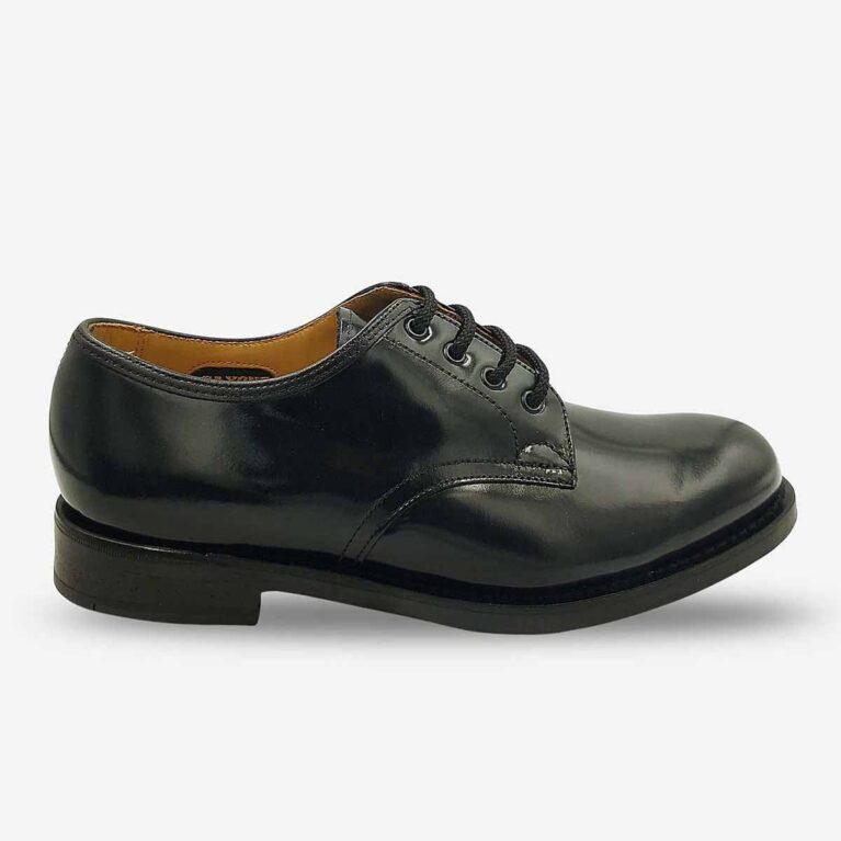 Saxone black leather lace-up shoe angled from side front