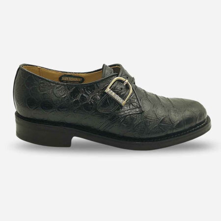Saxone black textured leather buckle shoe angled from side front