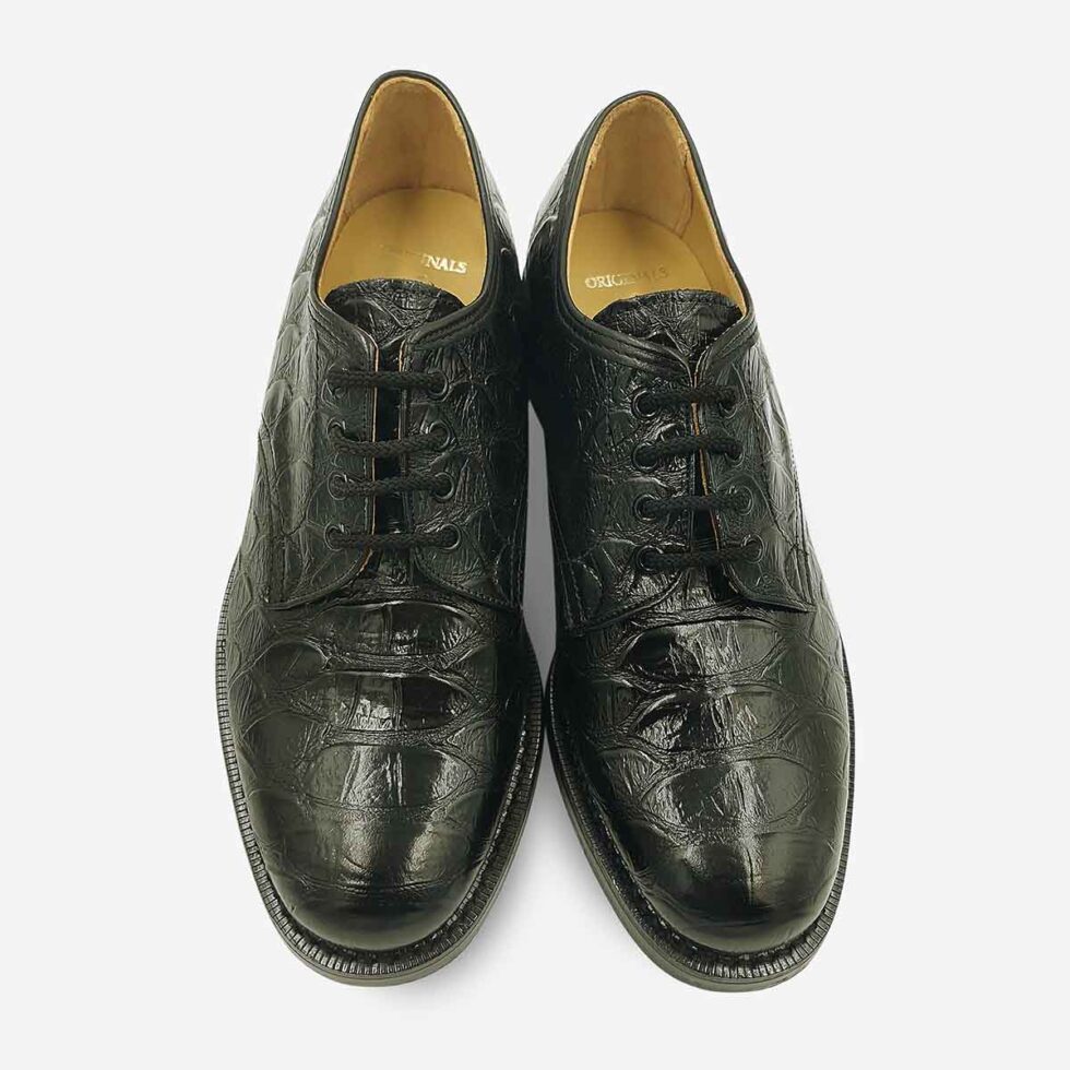 Top view of Saxone black embossed lace-up shoe with leather lining