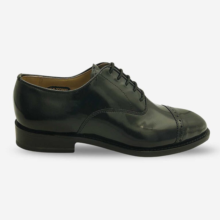 Saxone black leather toe cap Oxford angled from side front