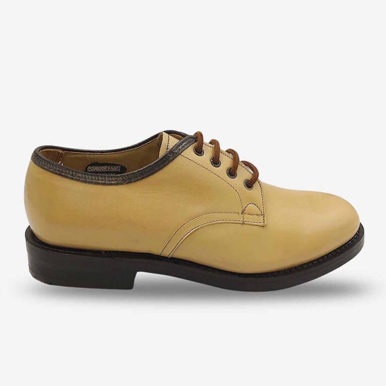Saxone Bone leather lace-up shoe angled from side front with brown laces