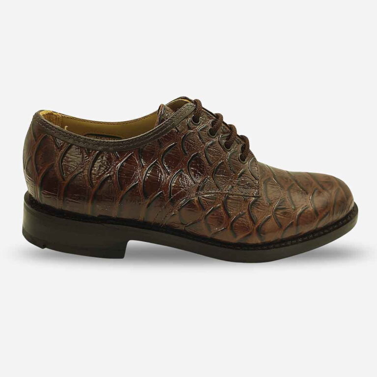 Saxone dark brown embossed leather lace-up shoe angled from side front