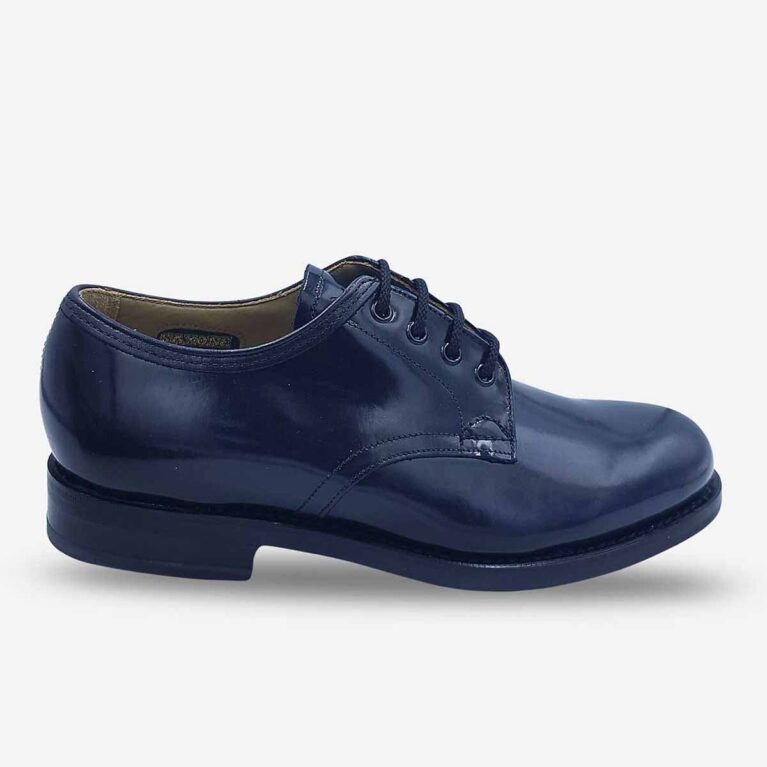 Saxone dark navy blue leather lace-up shoe angled from side front