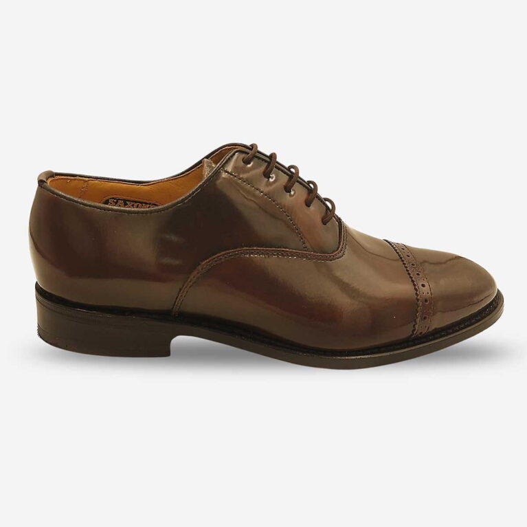 Saxone Walnut Brown leather toe cap Oxford angled from side front