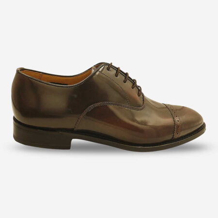 Saxone Brown Leather Toe Cap Oxford side-front showing polished walnut brown leather and lace-up profile