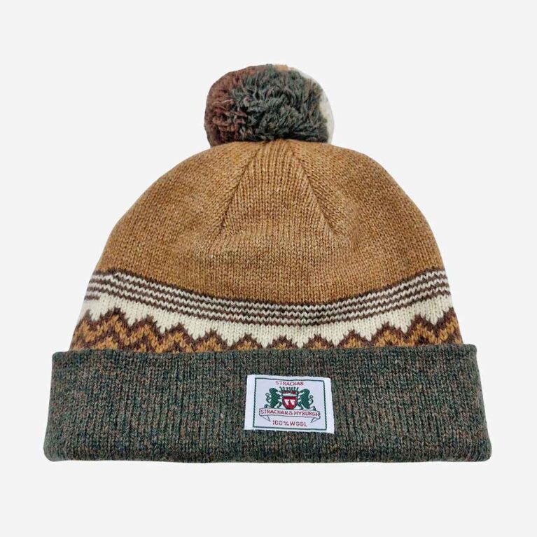 Top view of Strachan & Myburgh zigzag wool beanie in light brown white and olive with front logo tab