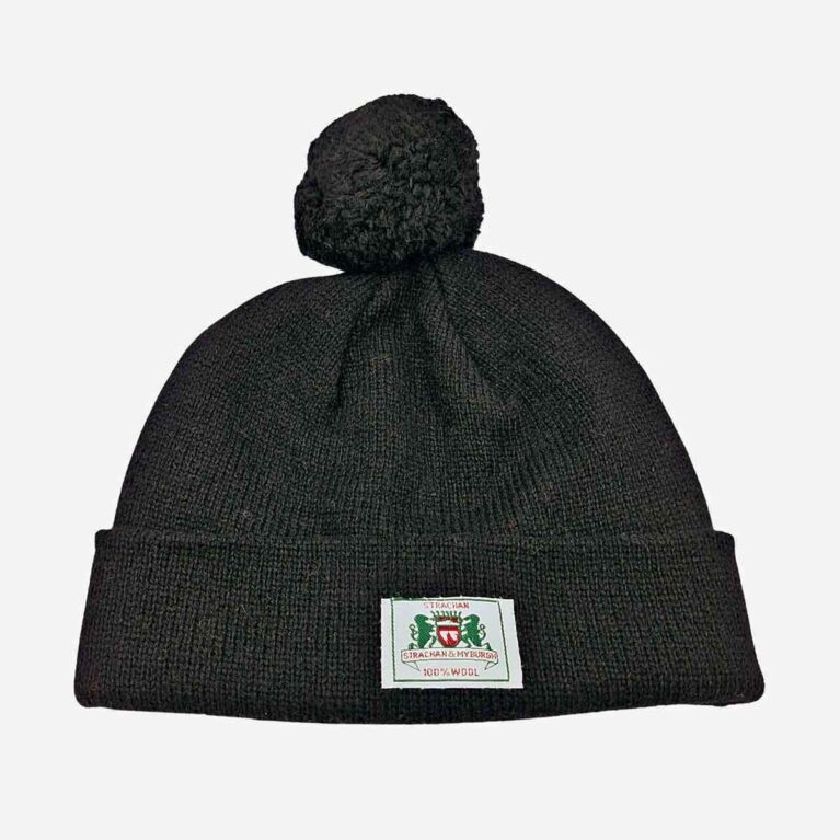 Strachan plain black wool beanie top view with stitched logo tab visible on front edge