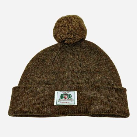Top view of Strachan plain dark brown wool beanie with front Strachan logo tab