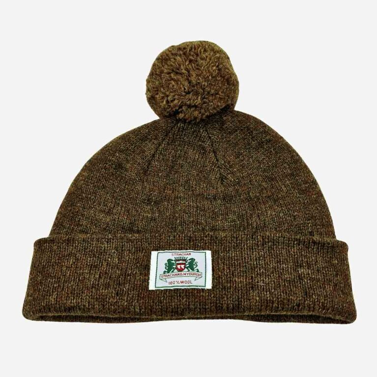 Top view of Strachan plain dark brown wool beanie with front Strachan logo tab