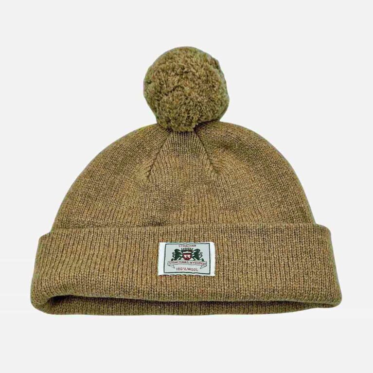 Top view of Strachan Plain wool beanie in light brown with subtle brown tone and front logo tab
